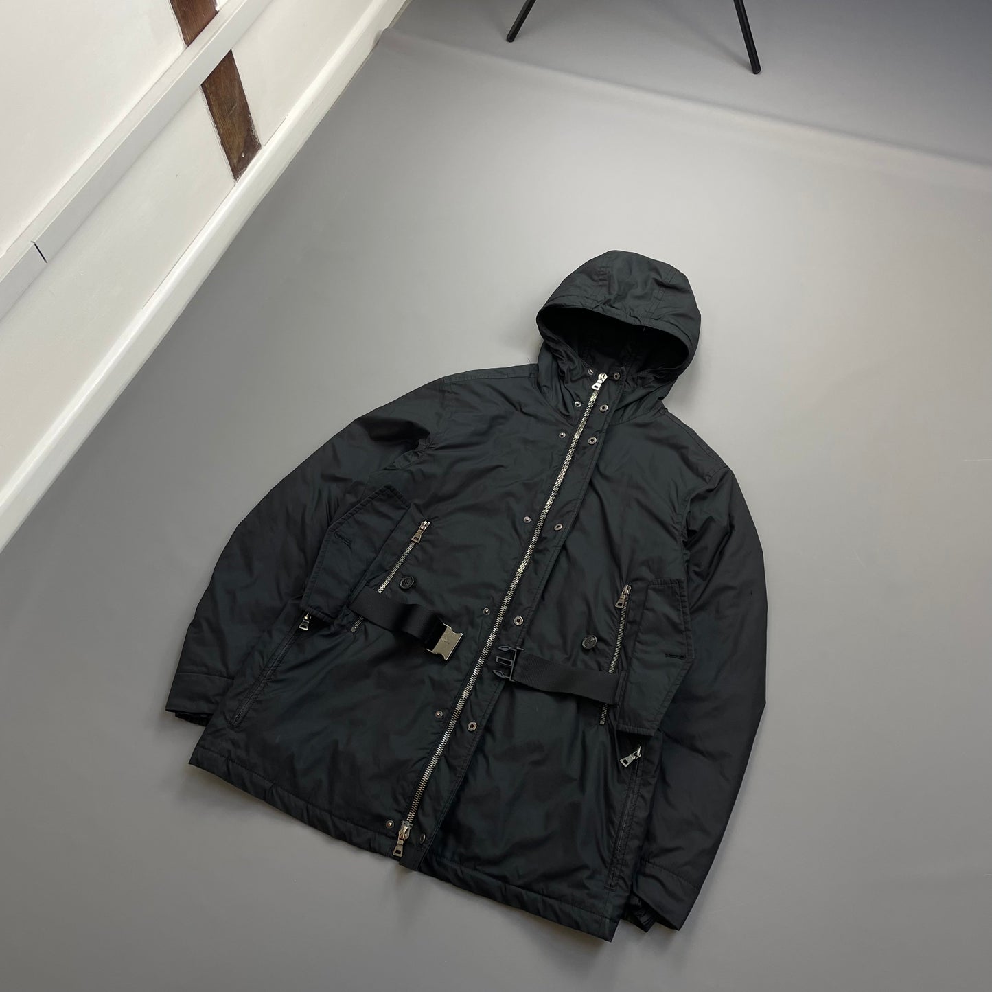 Prada Sport Black Belt Strap Padded Hooded Jacket