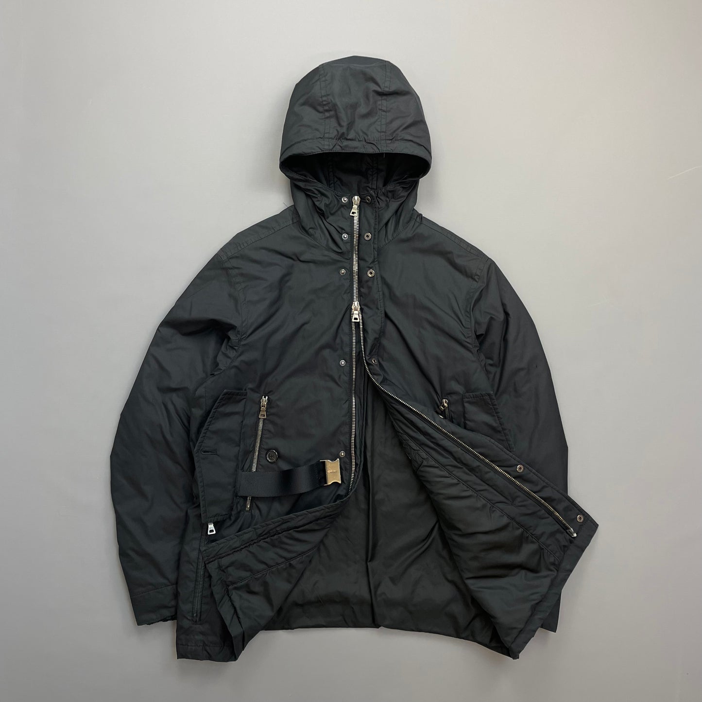 Prada Sport Black Belt Strap Padded Hooded Jacket