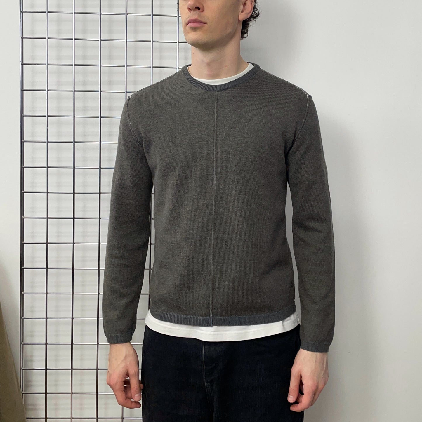 Armani Jeans Grey & Blue 00s Two-Tone Raw Seam Knit Jumper