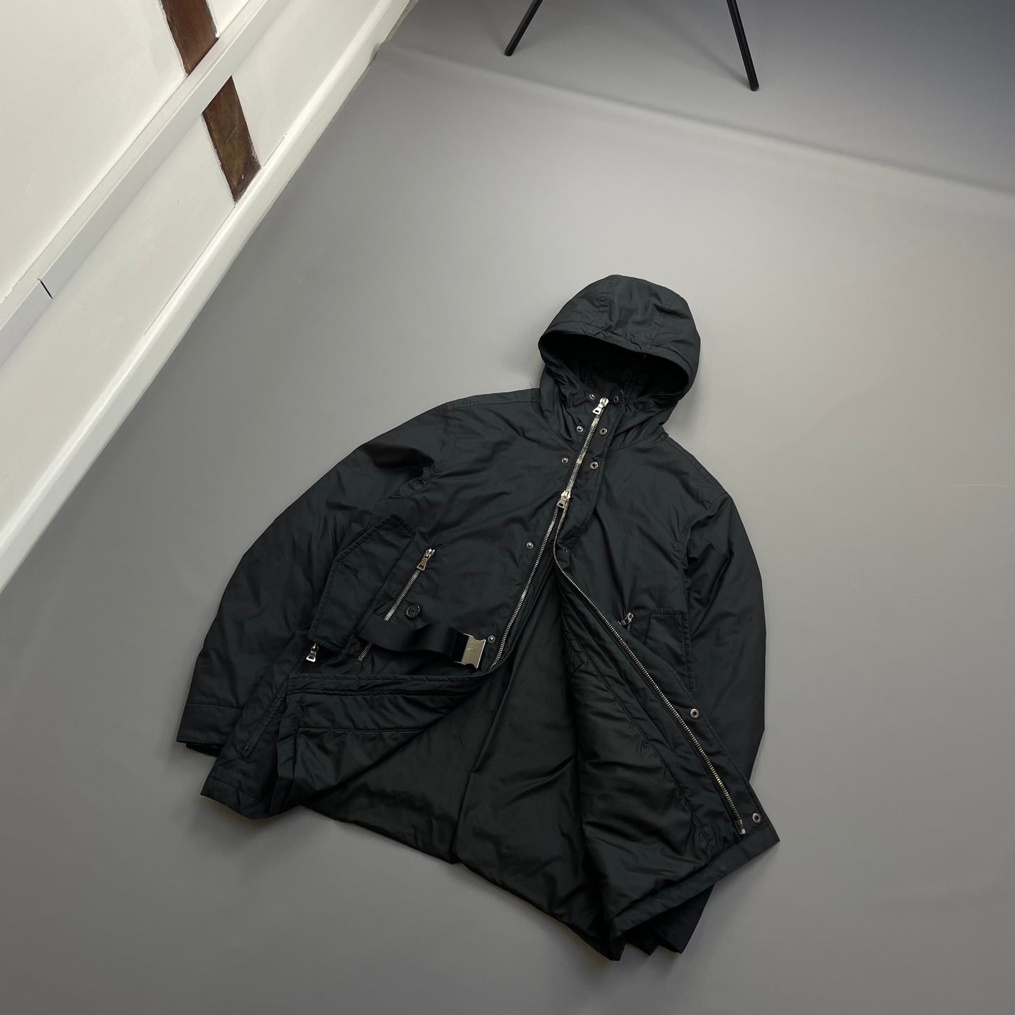 Prada Sport Black Belt Strap Padded Hooded Jacket
