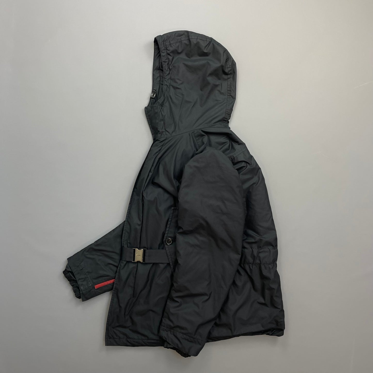 Prada Sport Black Belt Strap Padded Hooded Jacket