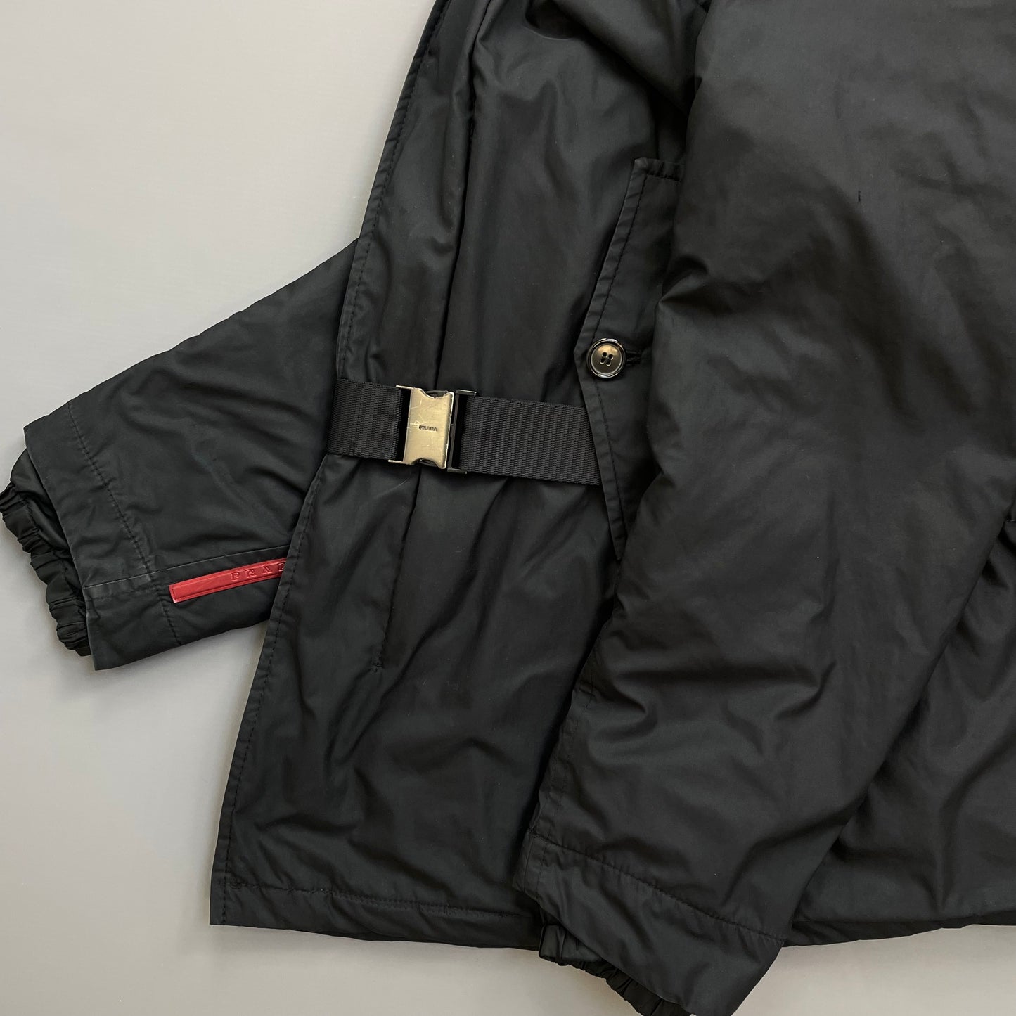 Prada Sport Black Belt Strap Padded Hooded Jacket