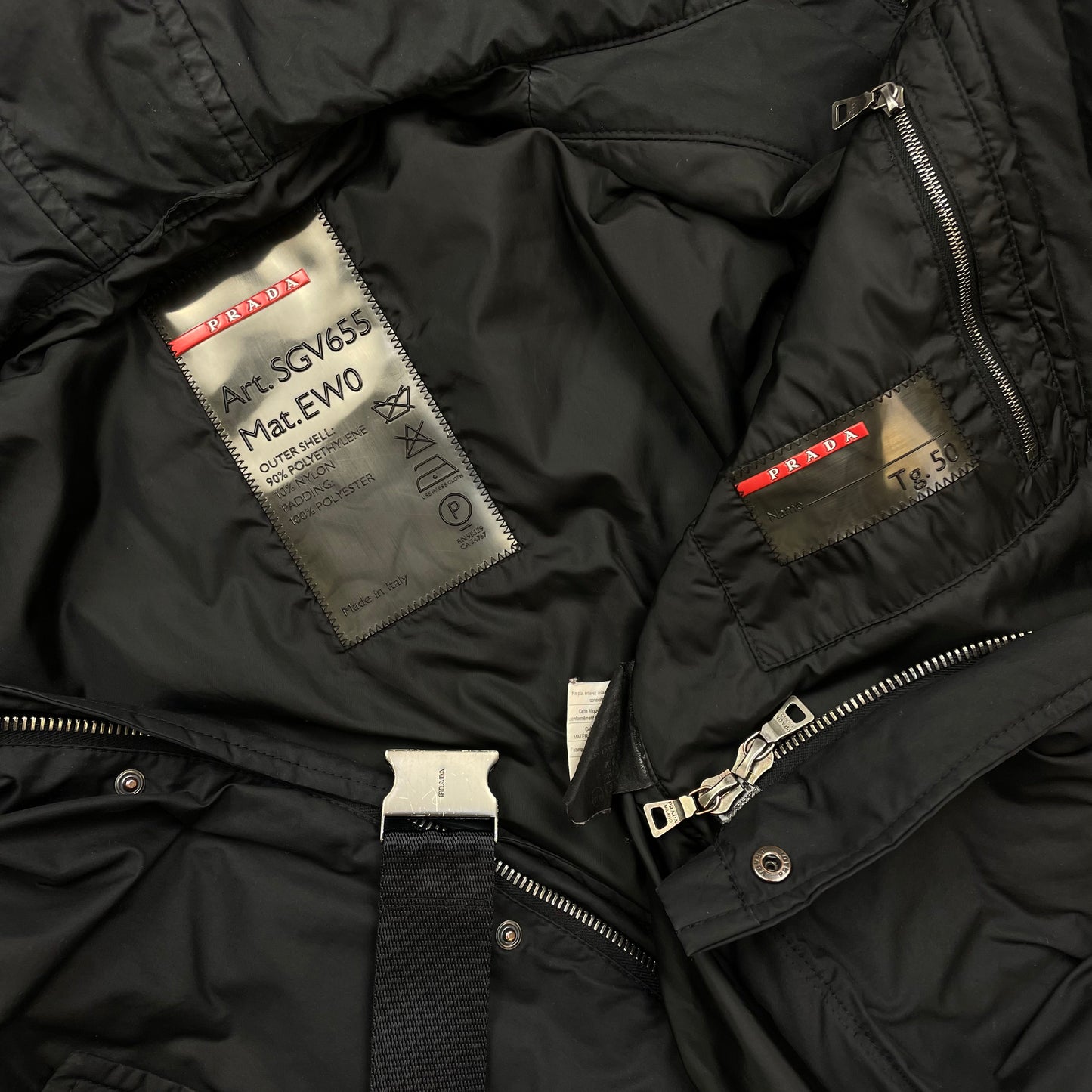 Prada Sport Black Belt Strap Padded Hooded Jacket