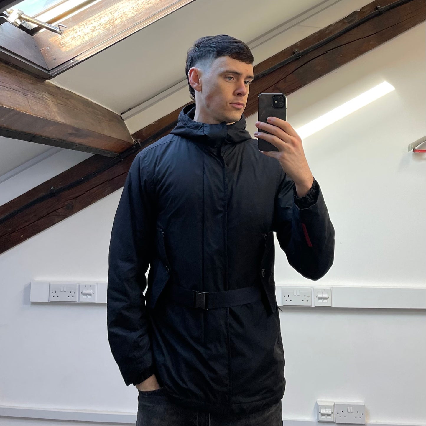 Prada Sport Black Belt Strap Padded Hooded Jacket