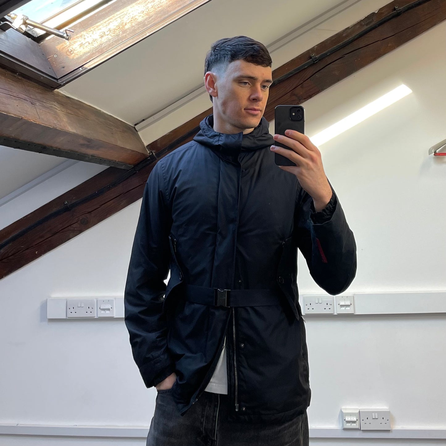 Prada Sport Black Belt Strap Padded Hooded Jacket