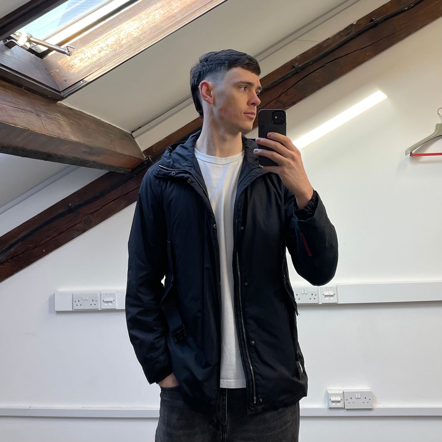 Prada Sport Black Belt Strap Padded Hooded Jacket