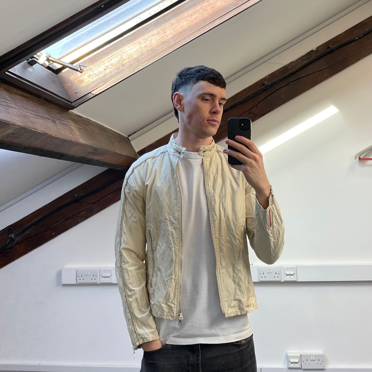 Prada Sport Cream 00s Mixed Metal Nylon Biker Jacket