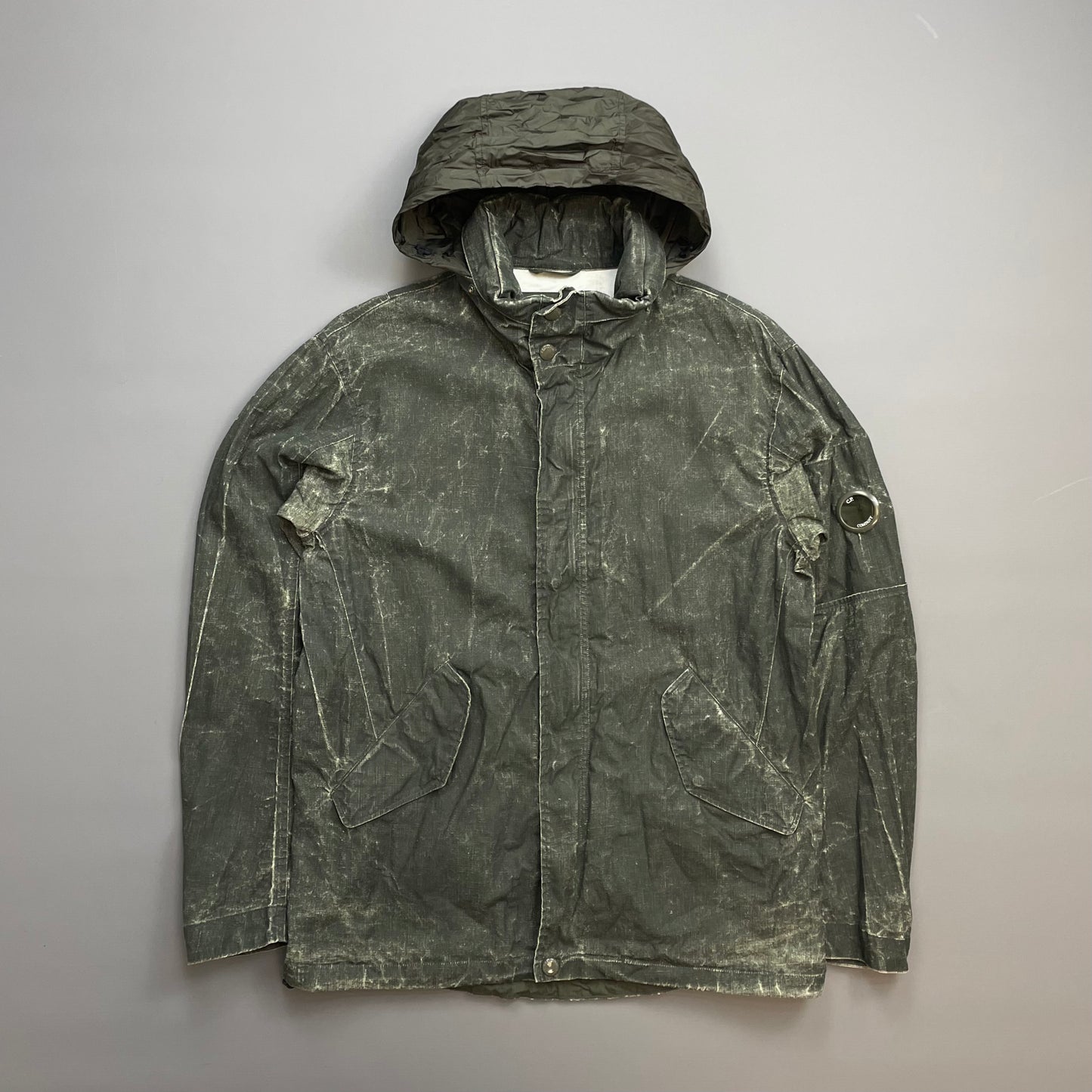 C.P. Company Green Plated Linen Military Issue Tender Concealed Hood Field Jacket