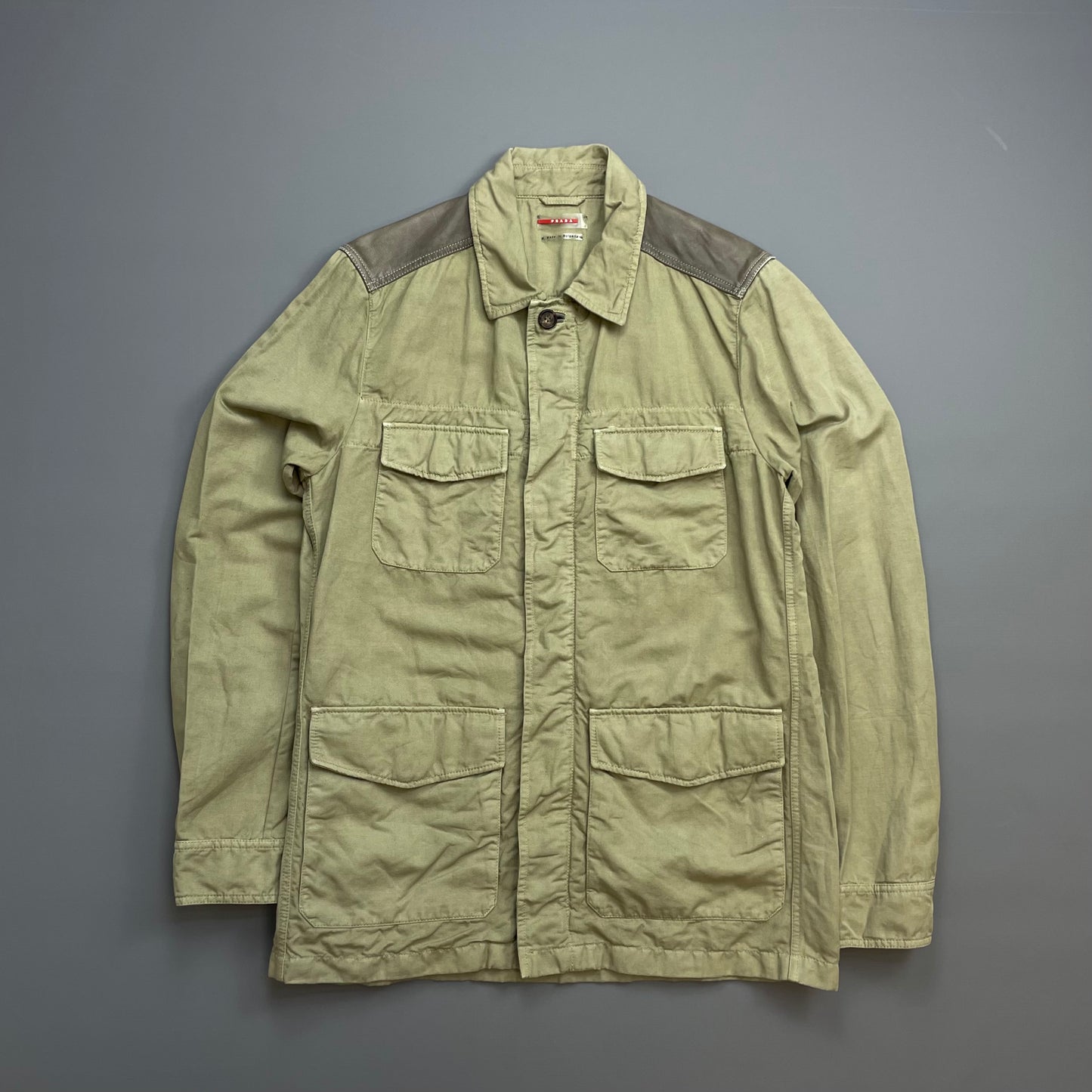 Prada Sport Khaki 00s Mixed Linen & Leather Multi-Pocket Field Jacket