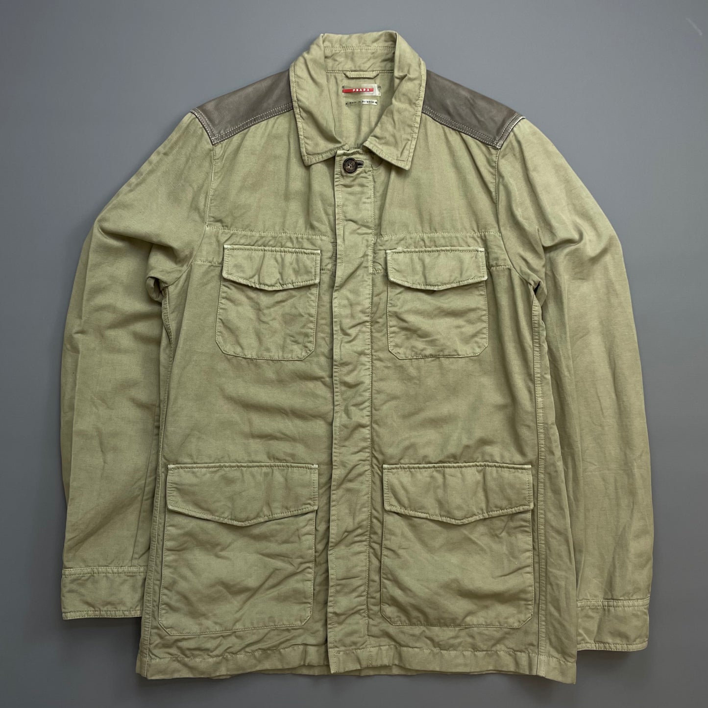 Prada Sport Khaki 00s Mixed Linen & Leather Multi-Pocket Field Jacket