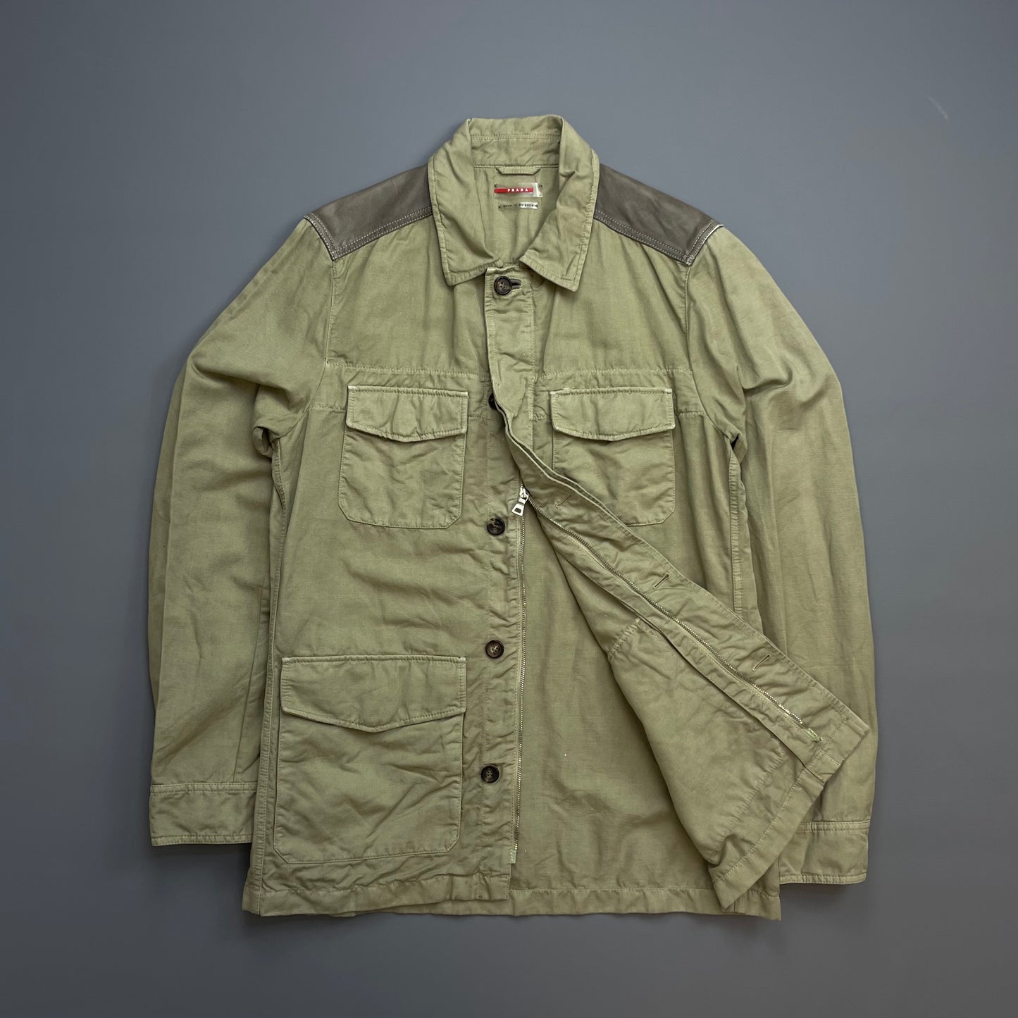 Prada Sport Khaki 00s Mixed Linen & Leather Multi-Pocket Field Jacket