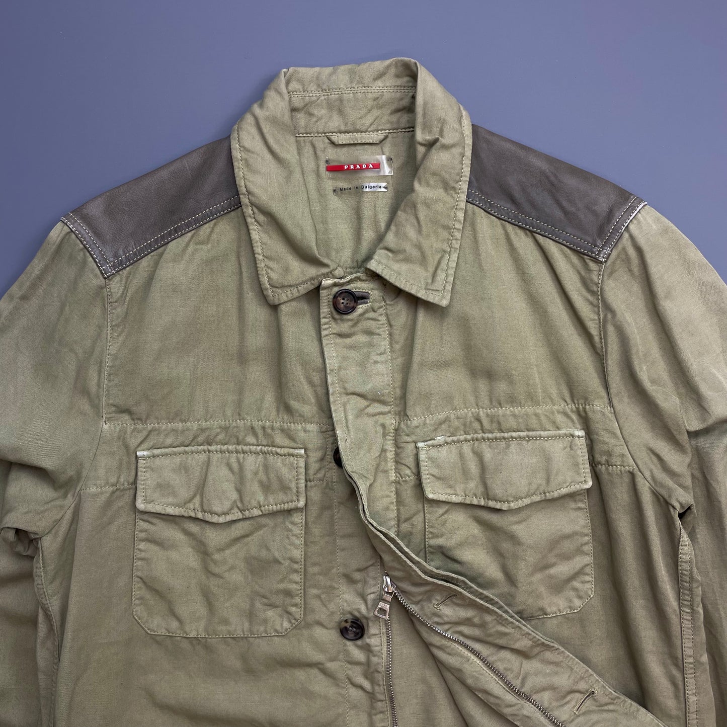 Prada Sport Khaki 00s Mixed Linen & Leather Multi-Pocket Field Jacket