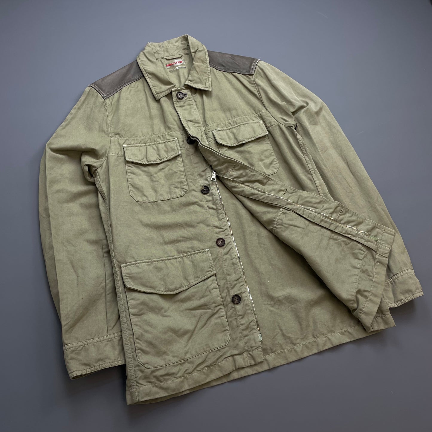 Prada Sport Khaki 00s Mixed Linen & Leather Multi-Pocket Field Jacket