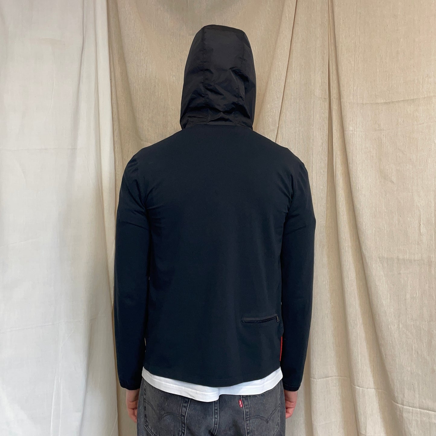 Prada Sport Black Nylon Panel Lightweight Technical Hooded Jacket