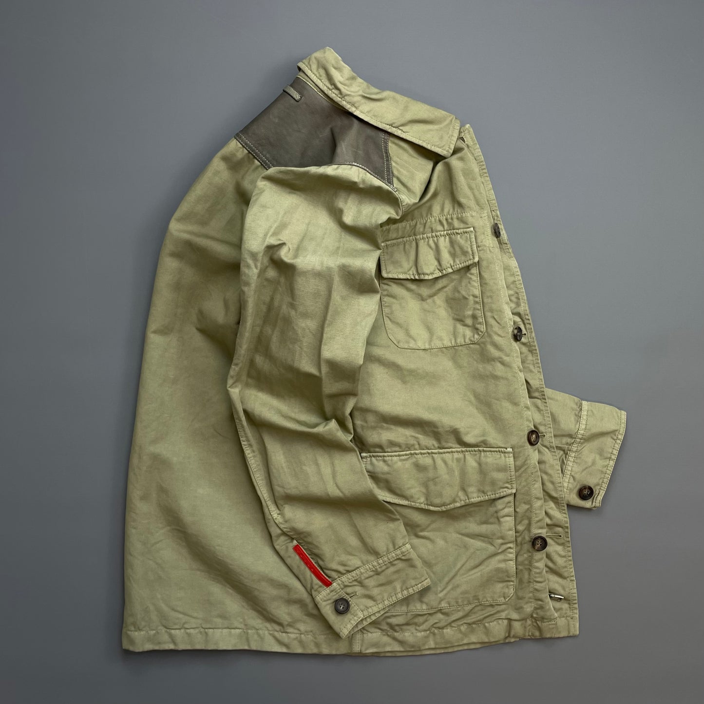Prada Sport Khaki 00s Mixed Linen & Leather Multi-Pocket Field Jacket