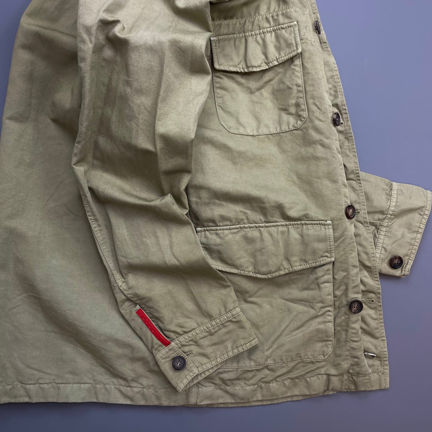 Prada Sport Khaki 00s Mixed Linen & Leather Multi-Pocket Field Jacket