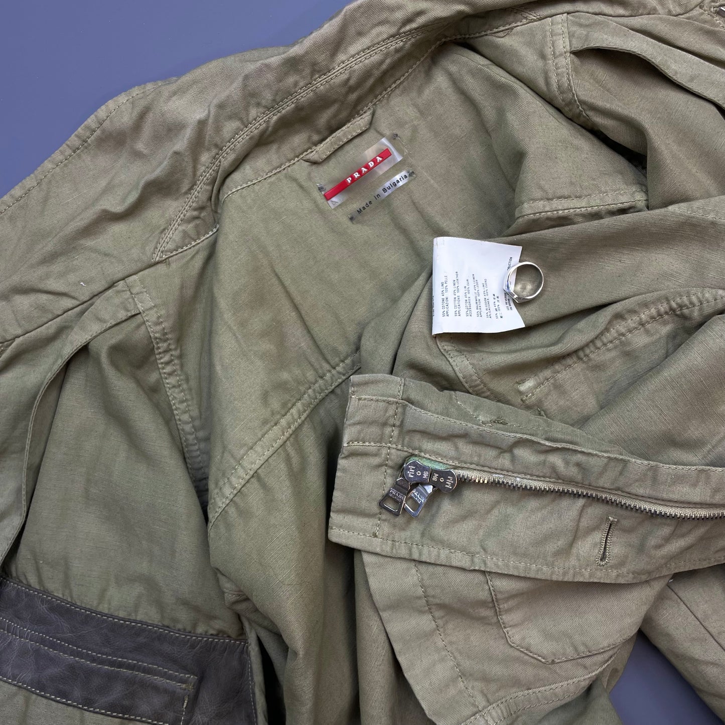 Prada Sport Khaki 00s Mixed Linen & Leather Multi-Pocket Field Jacket