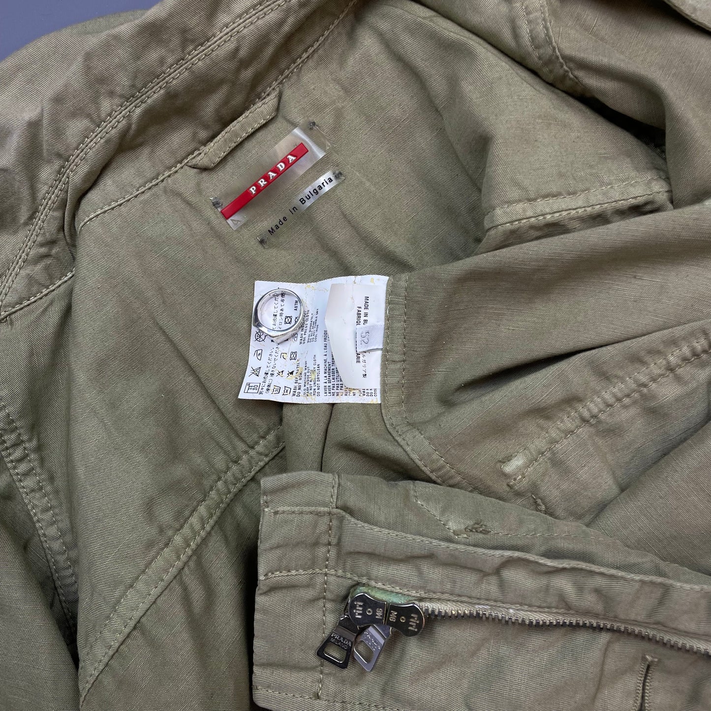 Prada Sport Khaki 00s Mixed Linen & Leather Multi-Pocket Field Jacket