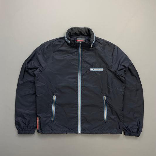 Prada Navy 2015 Contrast Stripe Zip Concealed Hood Nylon Windbreaker Jacket