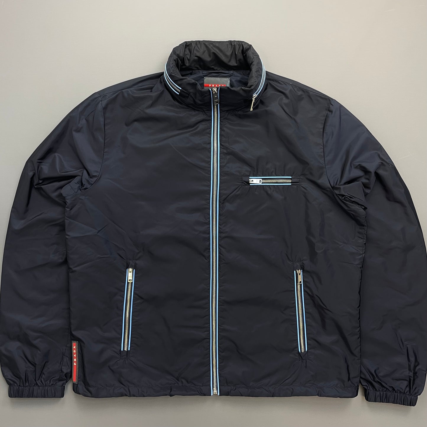 Prada Navy 2015 Contrast Stripe Zip Concealed Hood Nylon Windbreaker Jacket