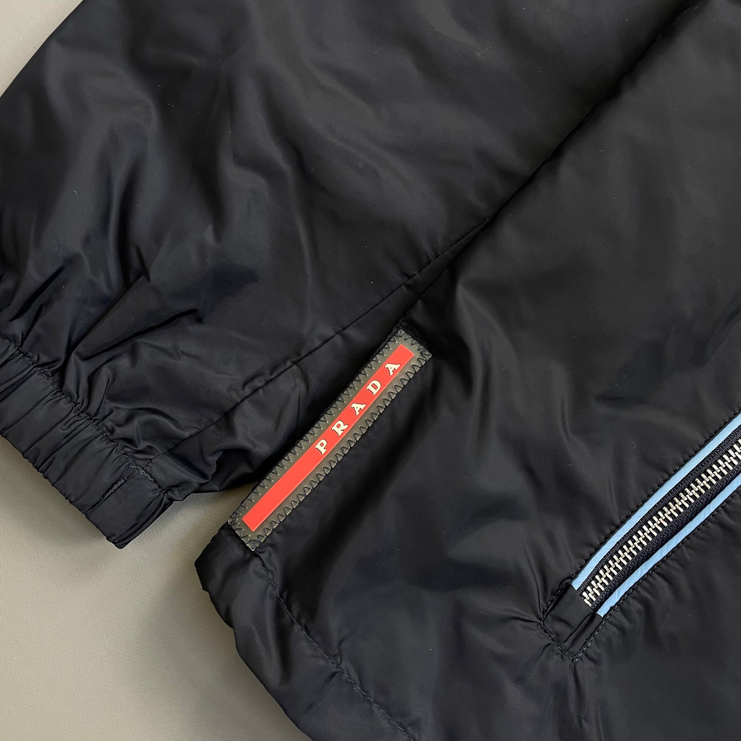 Prada Navy 2015 Contrast Stripe Zip Concealed Hood Nylon Windbreaker Jacket