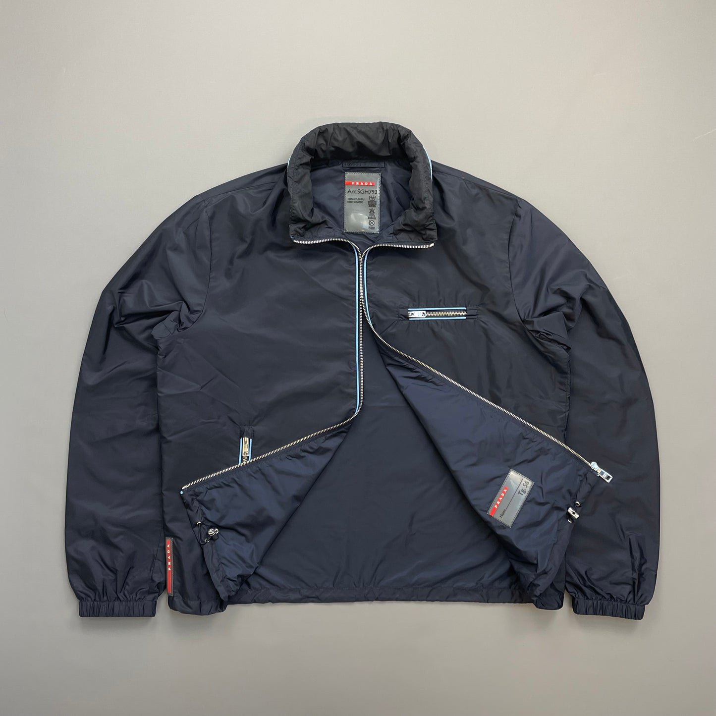 Prada Navy 2015 Contrast Stripe Zip Concealed Hood Nylon Windbreaker Jacket