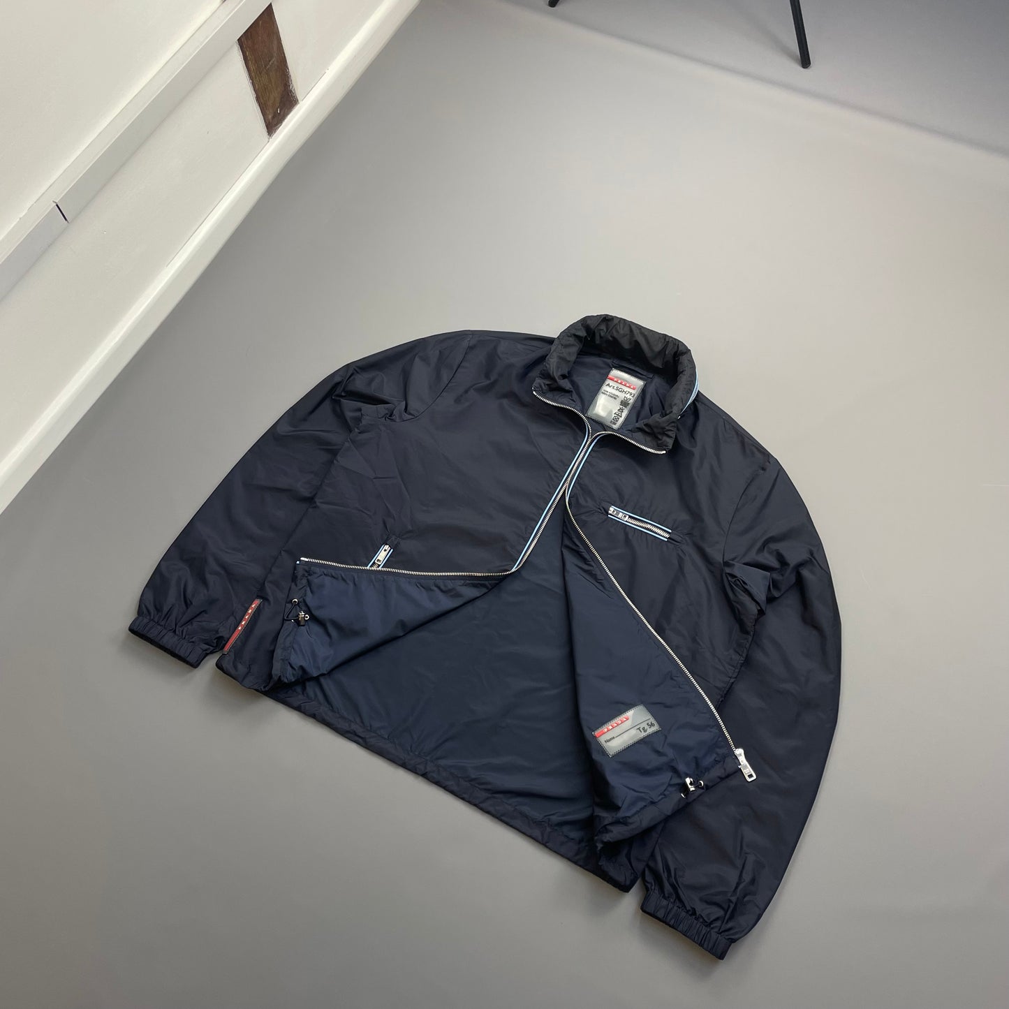 Prada Navy 2015 Contrast Stripe Zip Concealed Hood Nylon Windbreaker Jacket