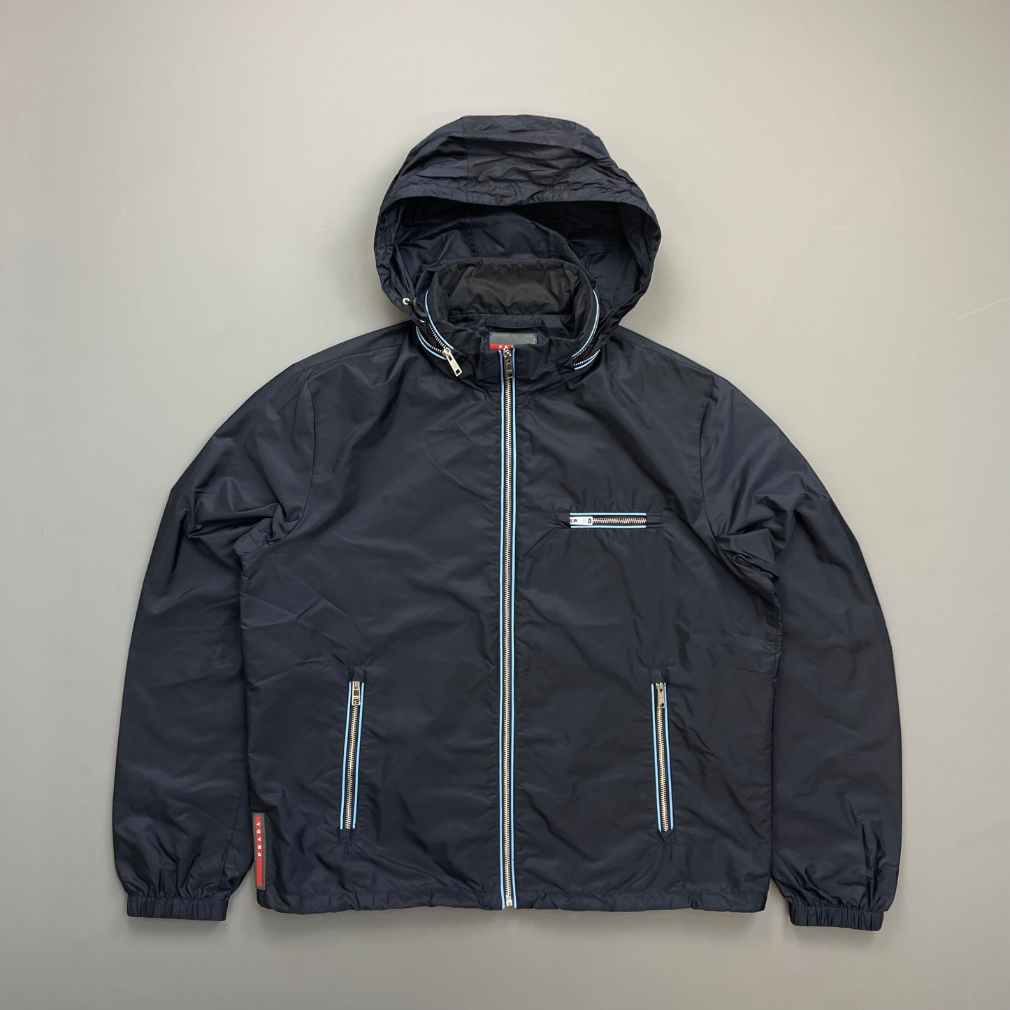 Prada Navy 2015 Contrast Stripe Zip Concealed Hood Nylon Windbreaker Jacket