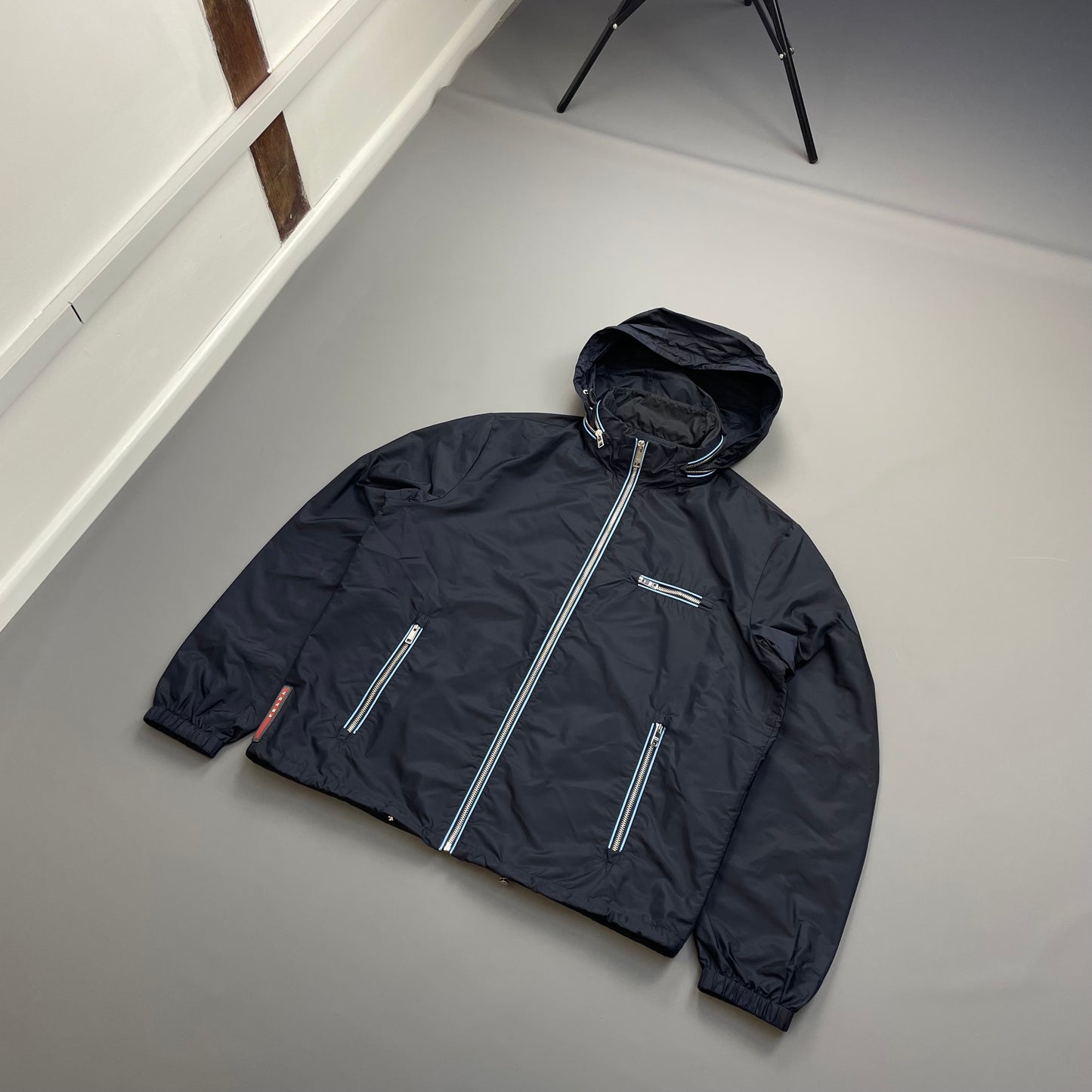 Prada Navy 2015 Contrast Stripe Zip Concealed Hood Nylon Windbreaker Jacket