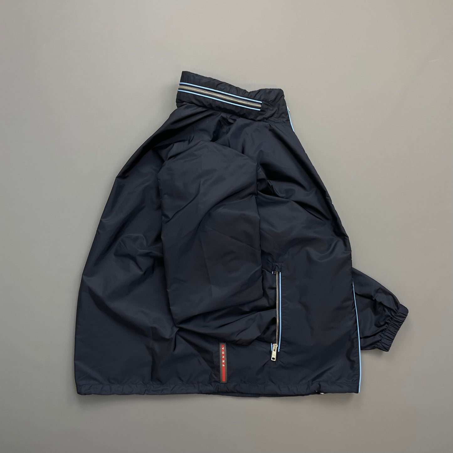 Prada Navy 2015 Contrast Stripe Zip Concealed Hood Nylon Windbreaker Jacket