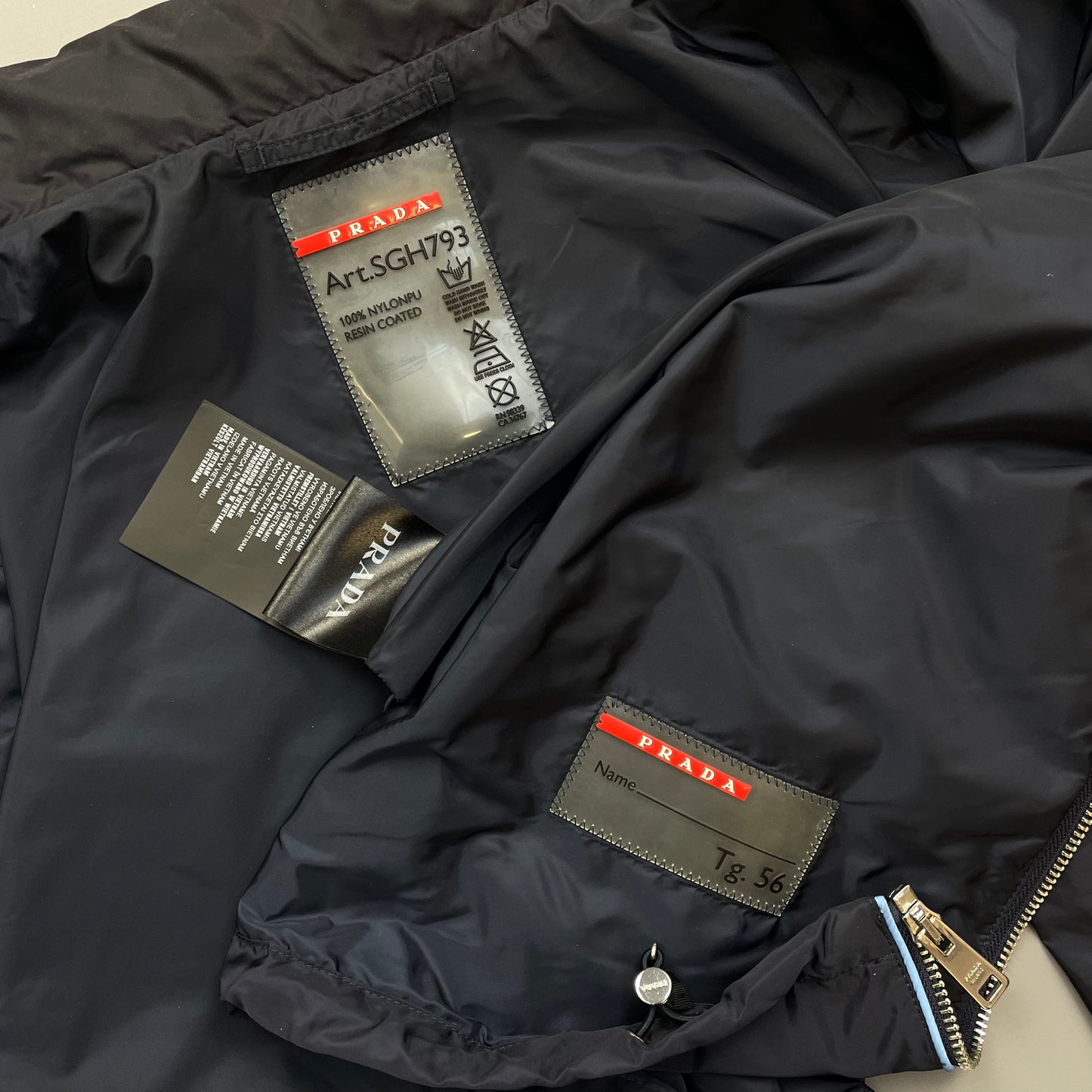 Prada Navy 2015 Contrast Stripe Zip Concealed Hood Nylon Windbreaker Jacket