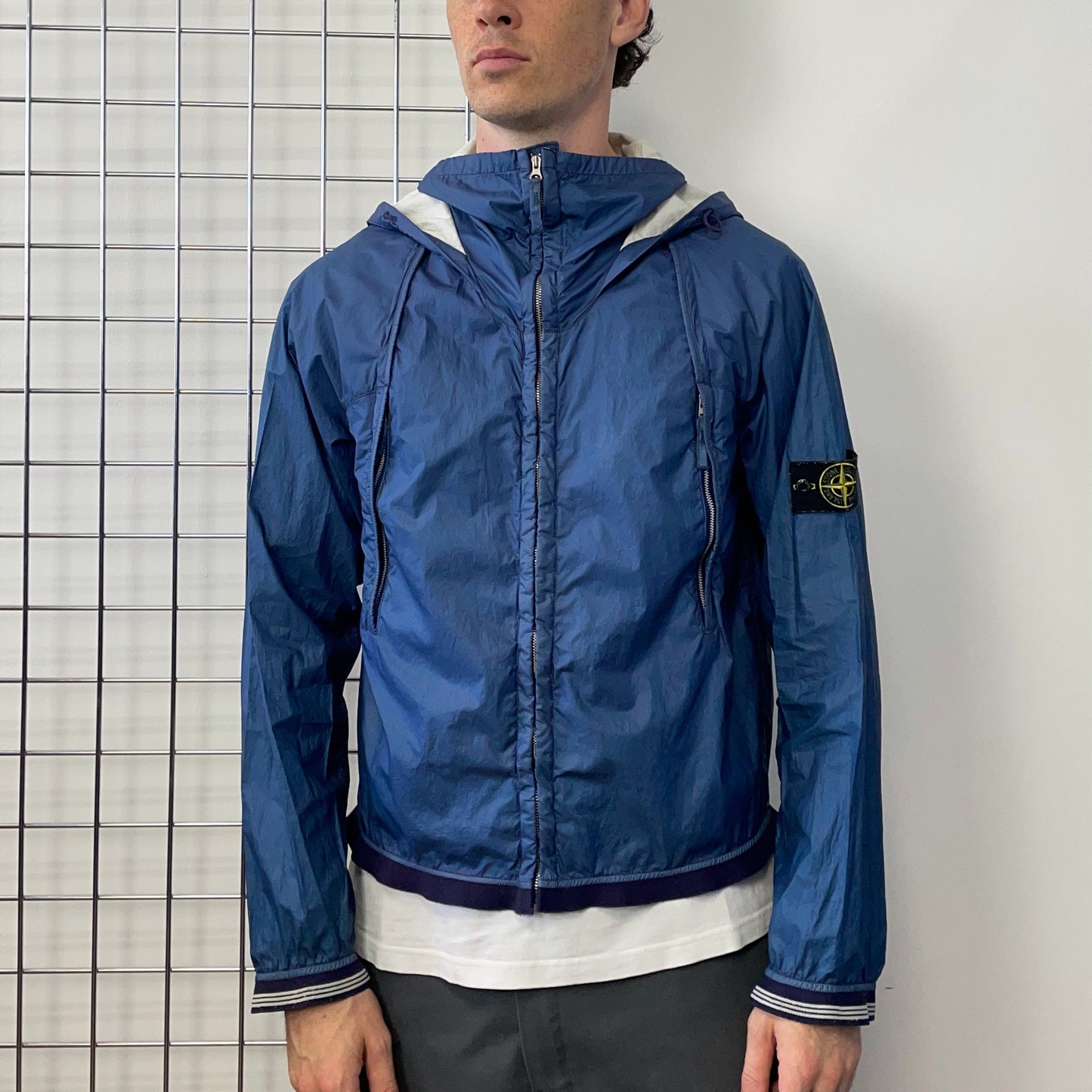 Stone Island Blue 00s Nylon Hooded Windbreaker Jacket