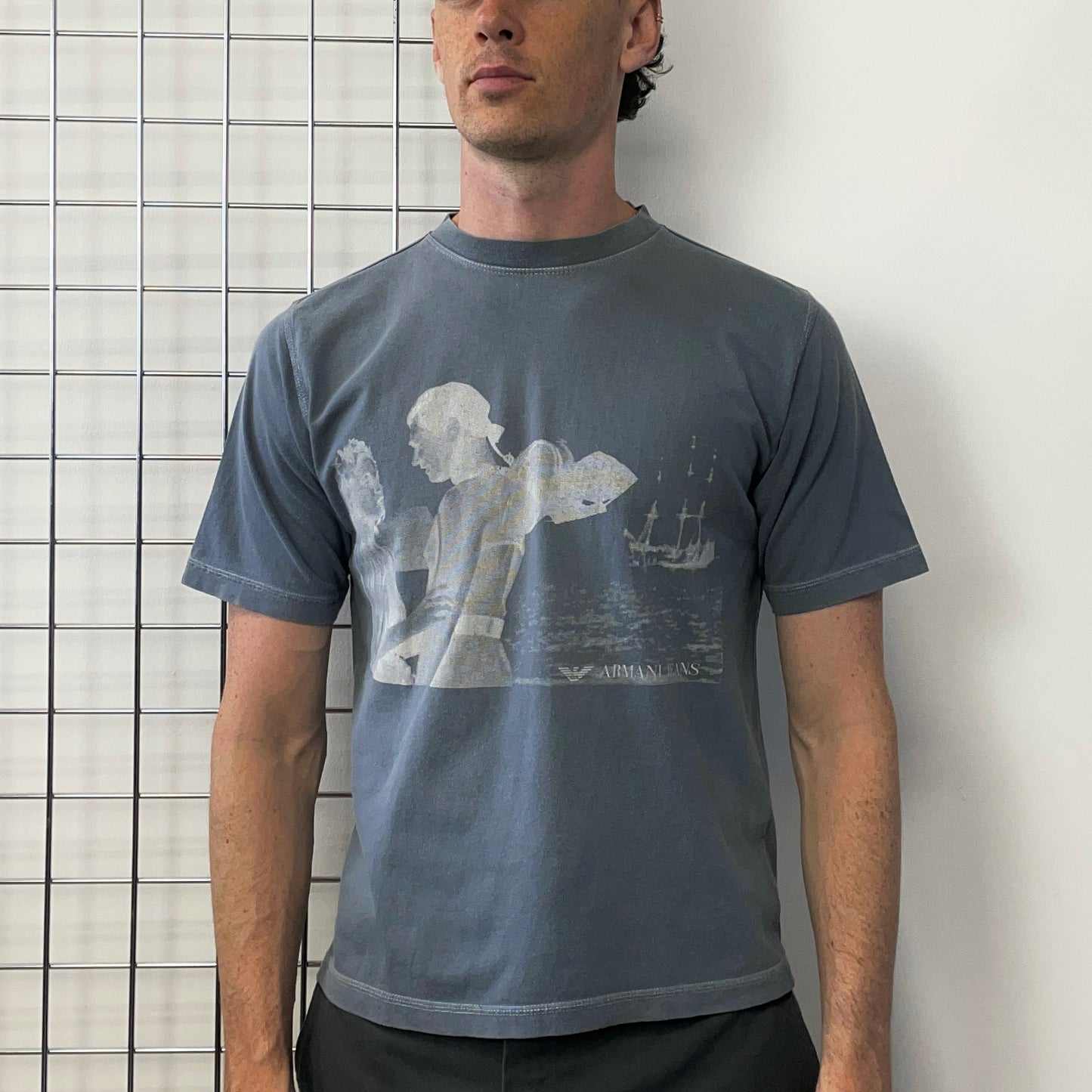 Armani Jeans Grey Blue 90s Scuba Couple Graphic T-Shirt