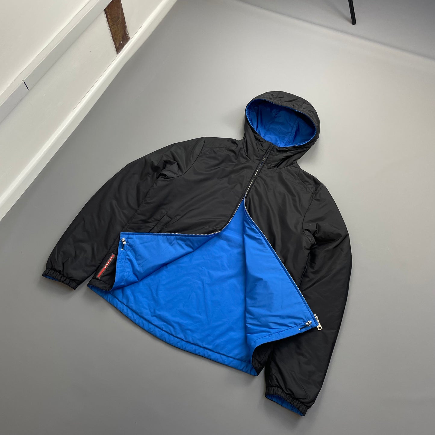 Prada Sport Black & Blue Reversible 2016 Padded Nylon Hooded Jacket