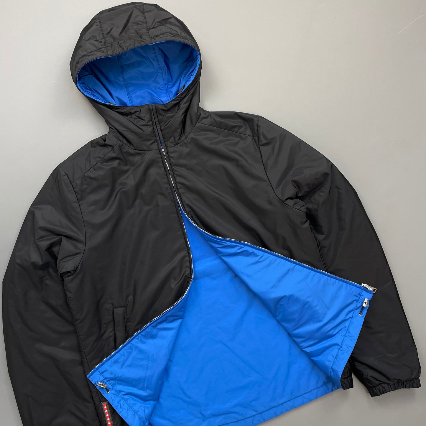Prada Sport Black & Blue Reversible 2016 Padded Nylon Hooded Jacket