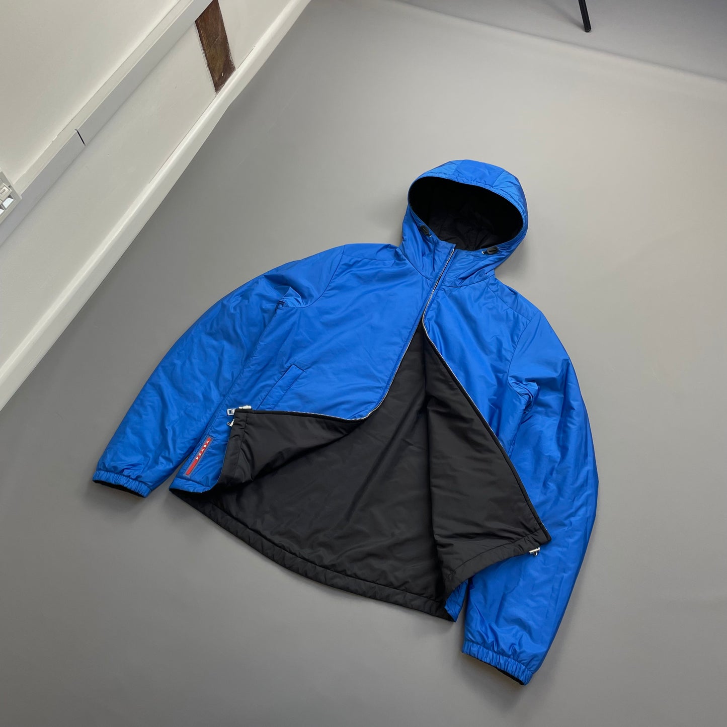 Prada Sport Black & Blue Reversible 2016 Padded Nylon Hooded Jacket