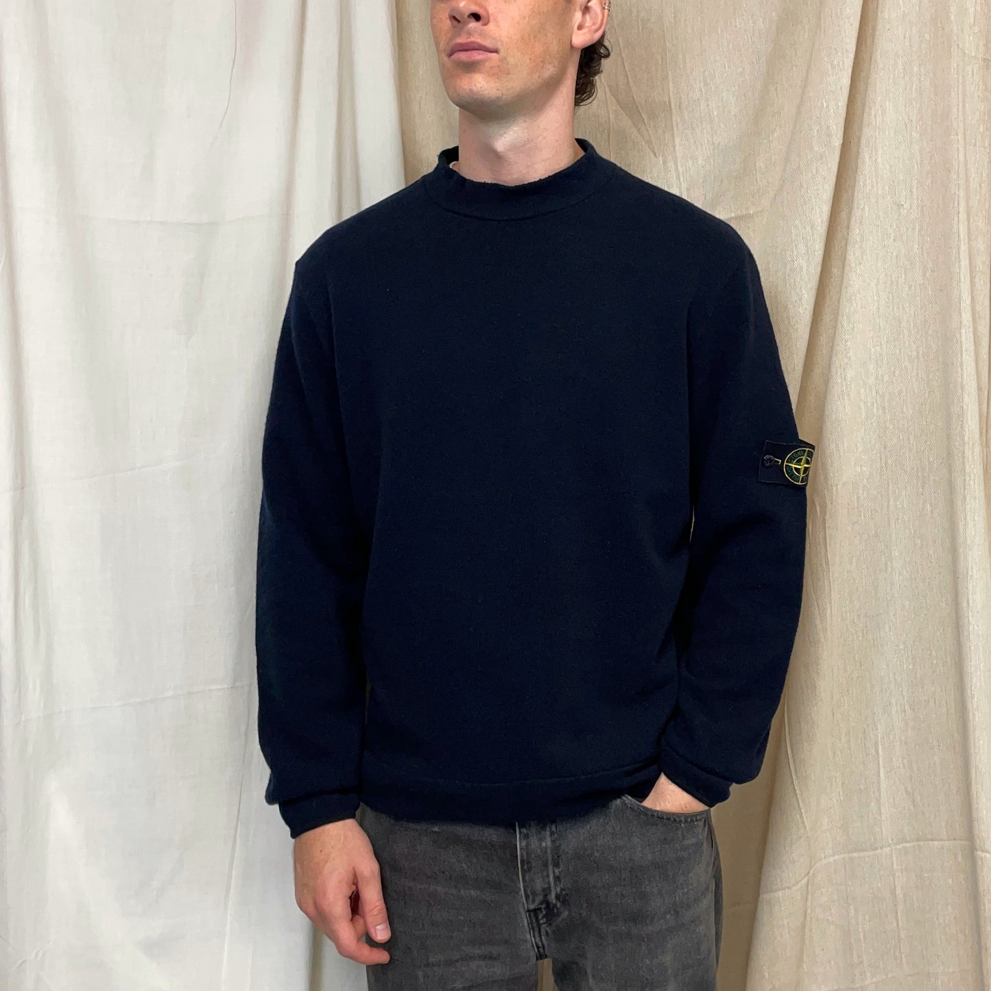 Stone Island Navy AW02 White Stitch Seam Wool Knit Jumper