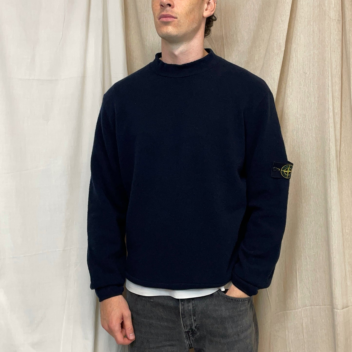 Stone Island Navy AW02 White Stitch Seam Wool Knit Jumper