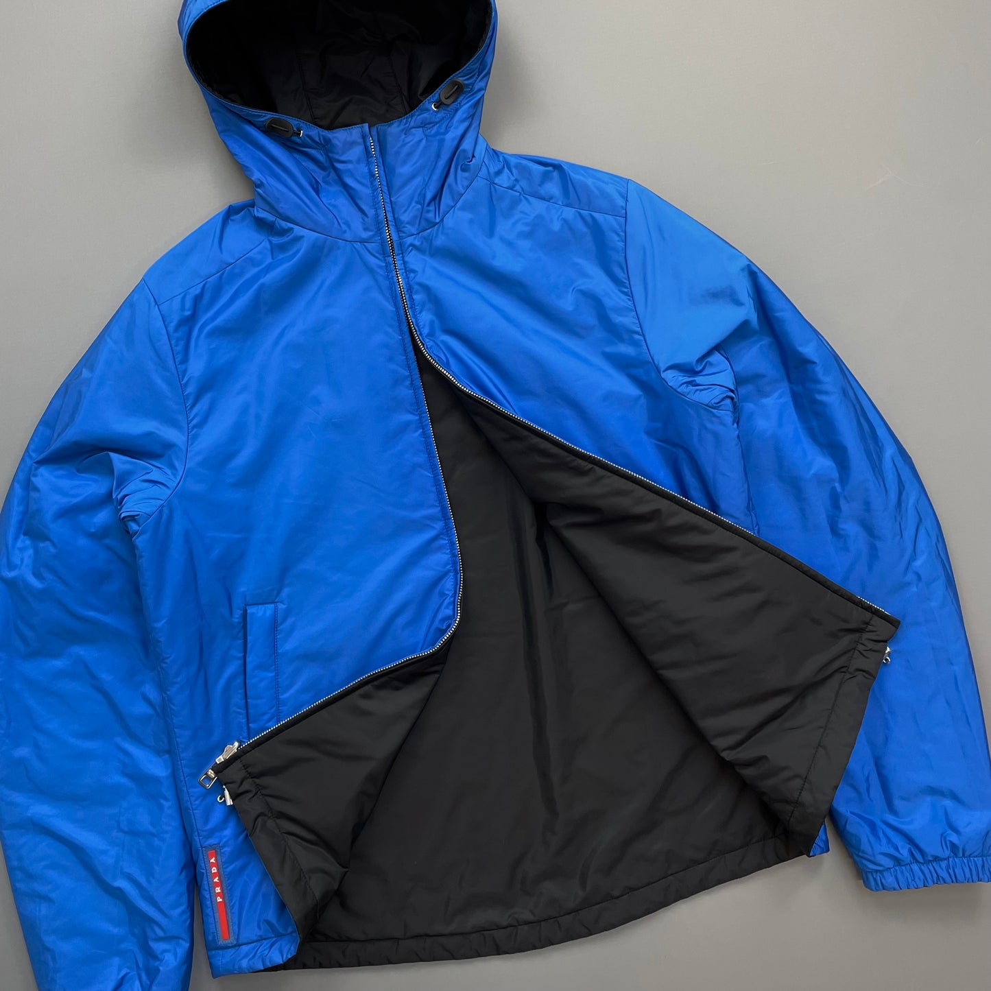 Prada Sport Black & Blue Reversible 2016 Padded Nylon Hooded Jacket