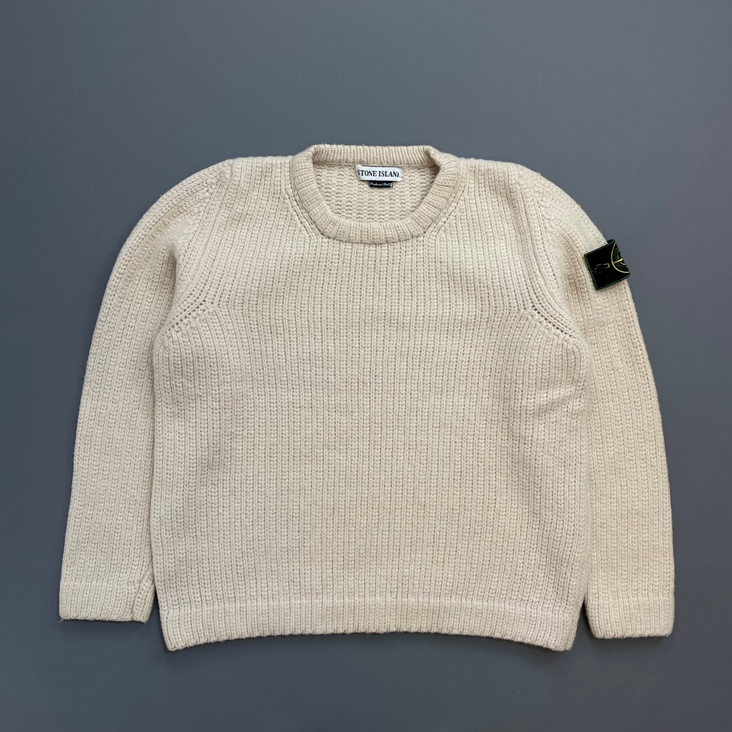 Stone Island Cream AW97 Chunky Wool Knit Green Edge Badge Crewneck Jumper
