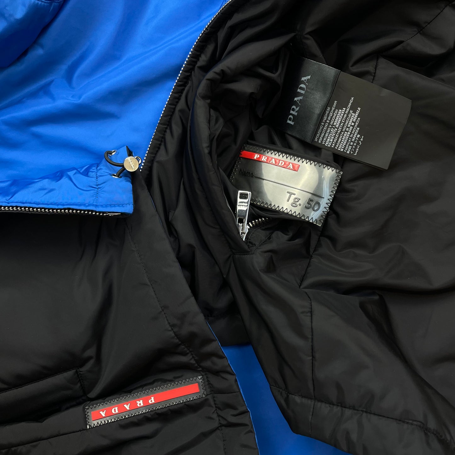Prada Sport Black & Blue Reversible 2016 Padded Nylon Hooded Jacket