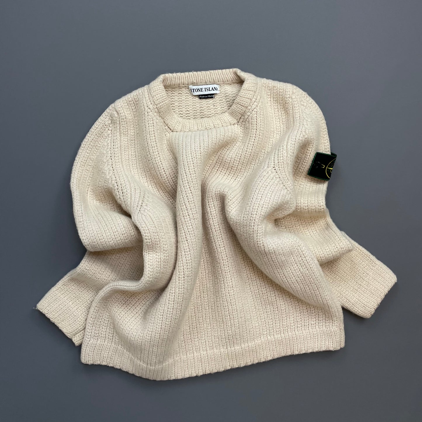 Stone Island Cream AW97 Chunky Wool Knit Green Edge Badge Crewneck Jumper