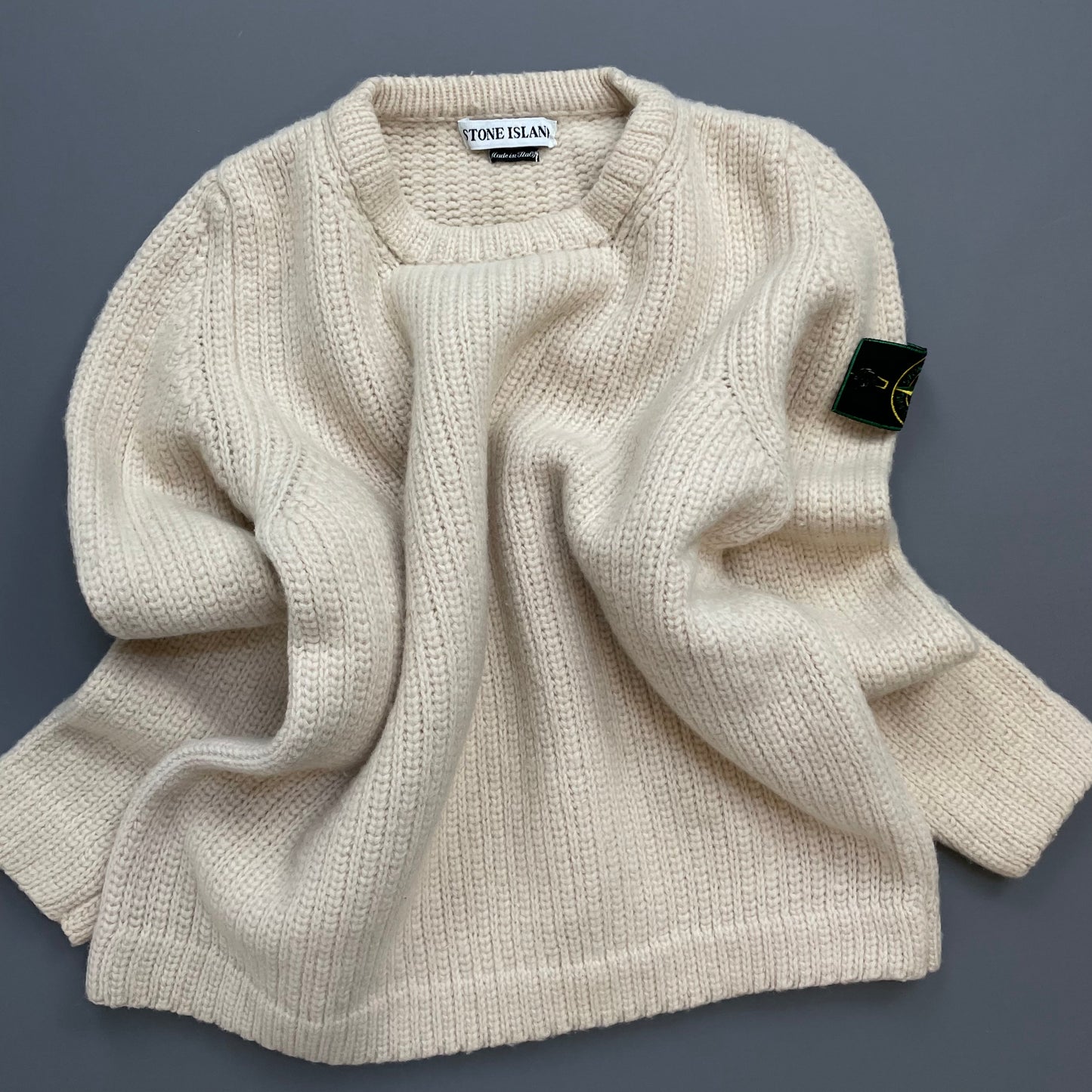 Stone Island Cream AW97 Chunky Wool Knit Green Edge Badge Crewneck Jumper