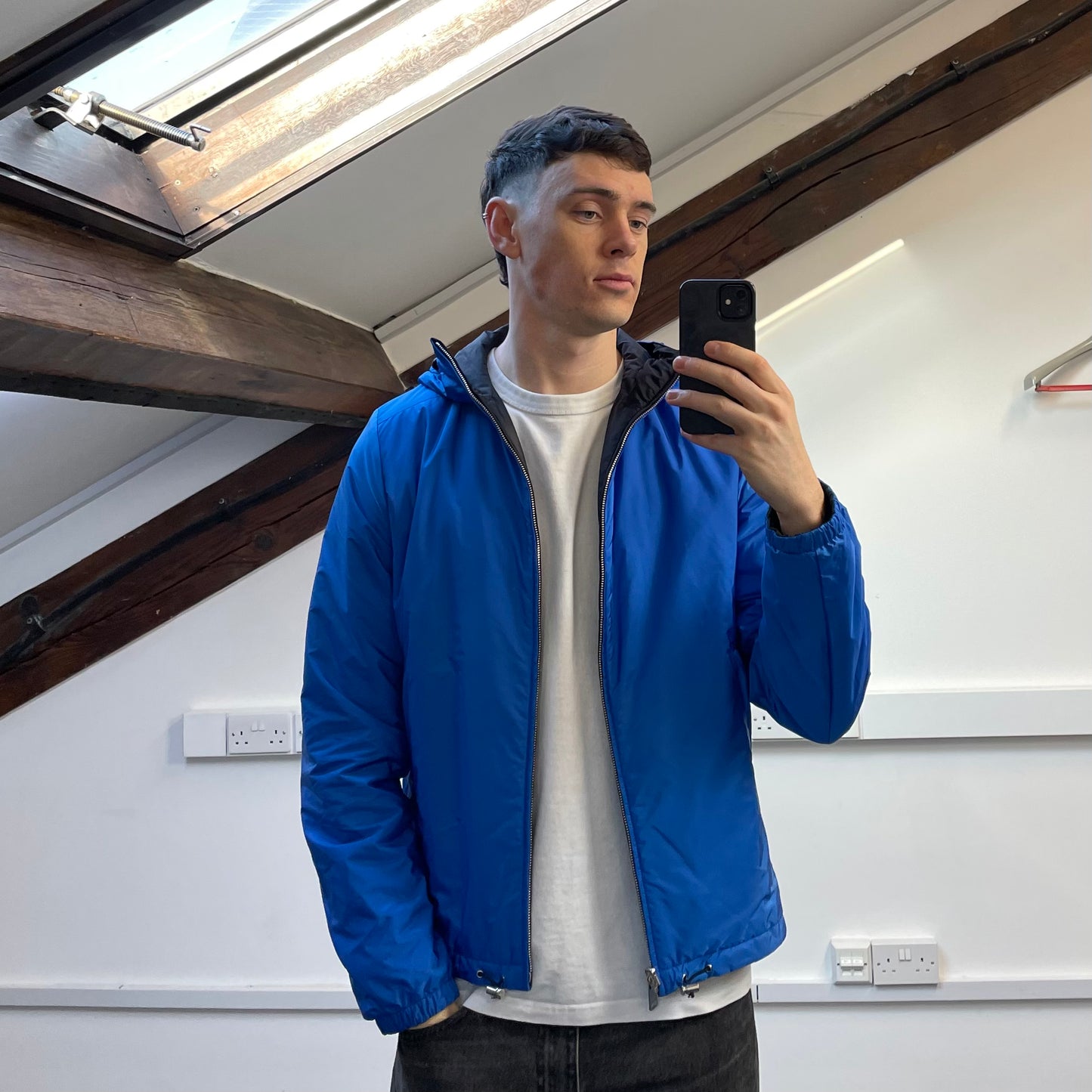 Prada Sport Black & Blue Reversible 2016 Padded Nylon Hooded Jacket