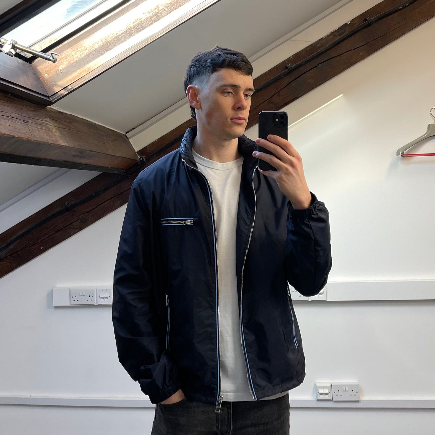 Prada Navy 2015 Contrast Stripe Zip Concealed Hood Nylon Windbreaker Jacket