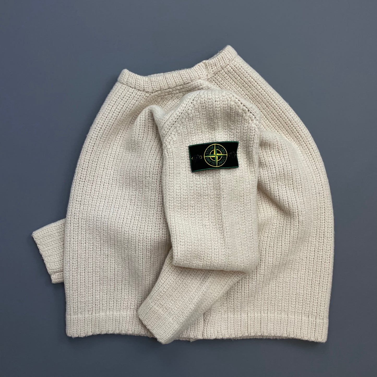 Stone Island Cream AW97 Chunky Wool Knit Green Edge Badge Crewneck Jumper
