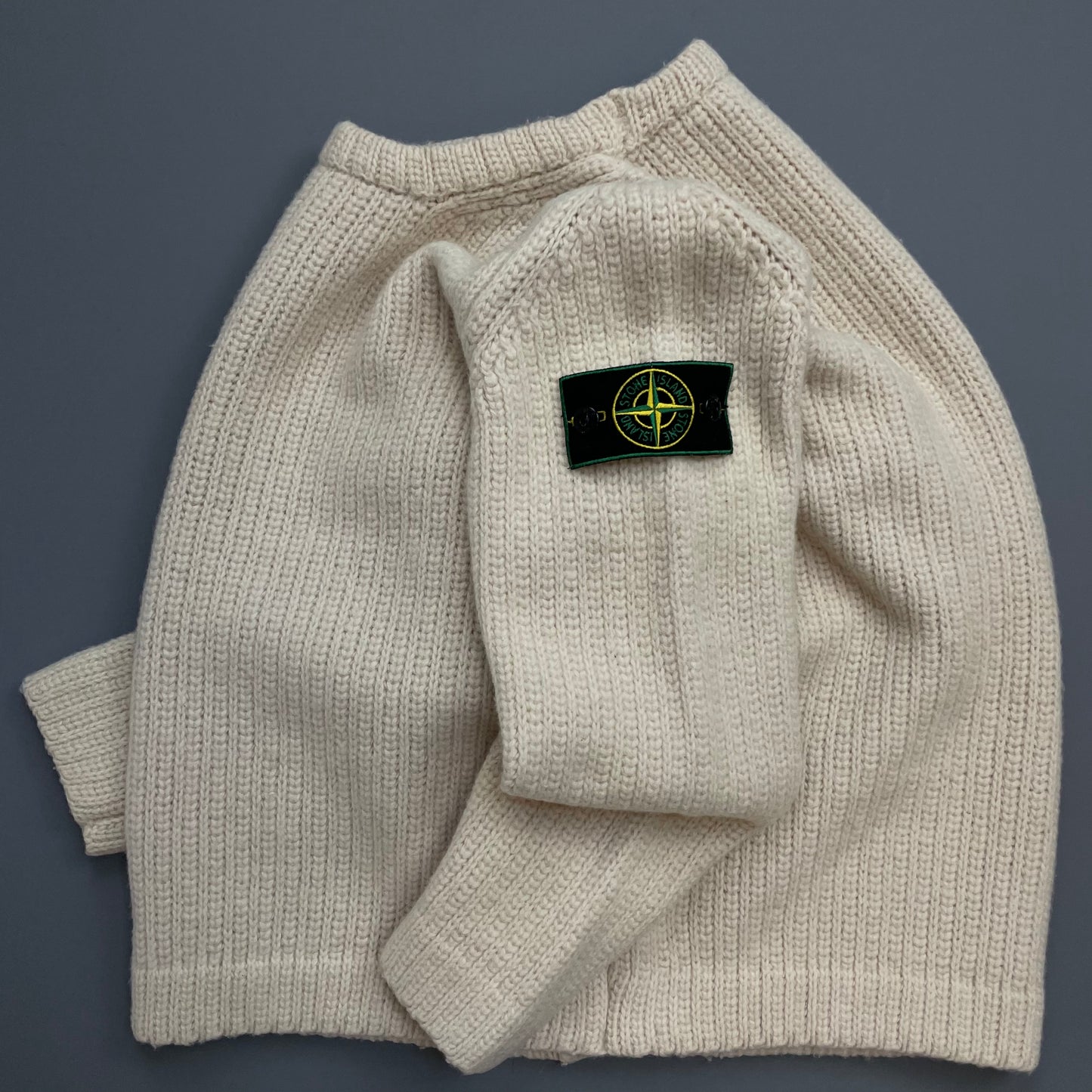 Stone Island Cream AW97 Chunky Wool Knit Green Edge Badge Crewneck Jumper