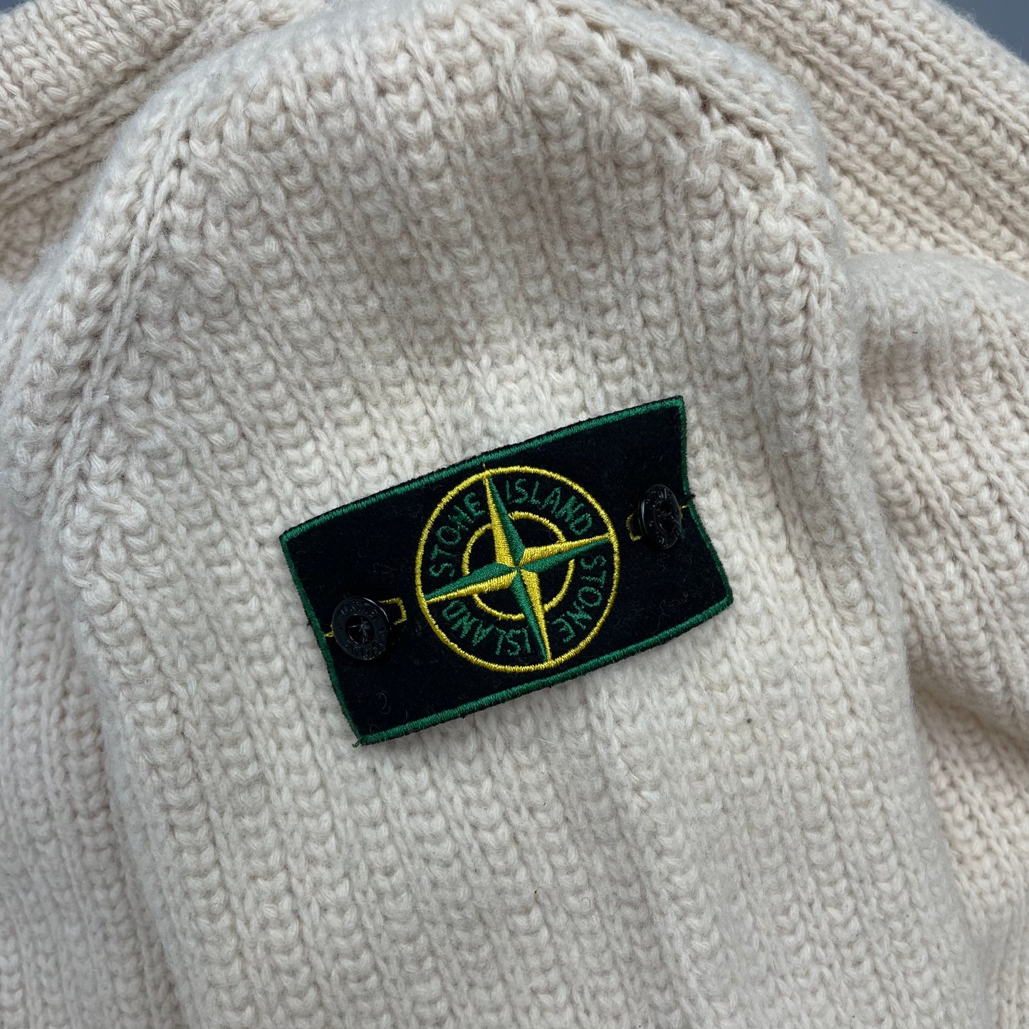Stone Island Cream AW97 Chunky Wool Knit Green Edge Badge Crewneck Jumper