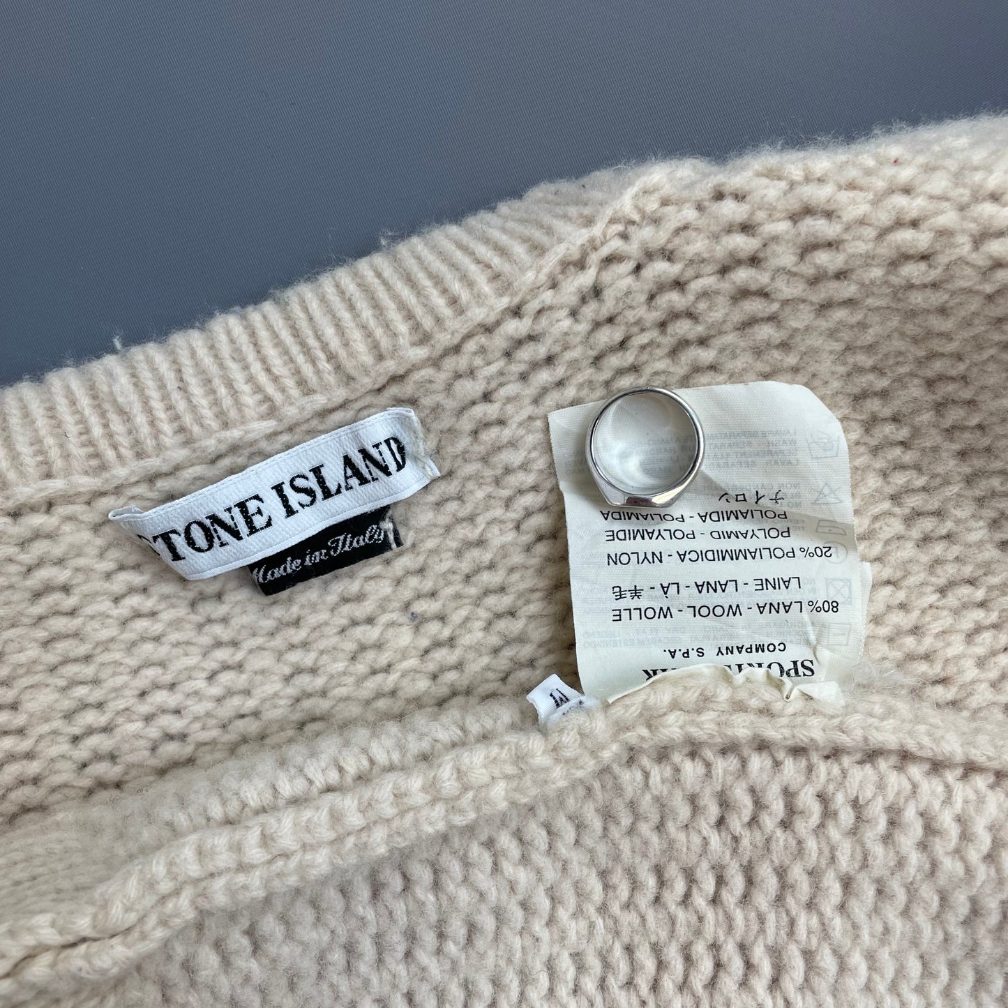 Stone Island Cream AW97 Chunky Wool Knit Green Edge Badge Crewneck Jumper