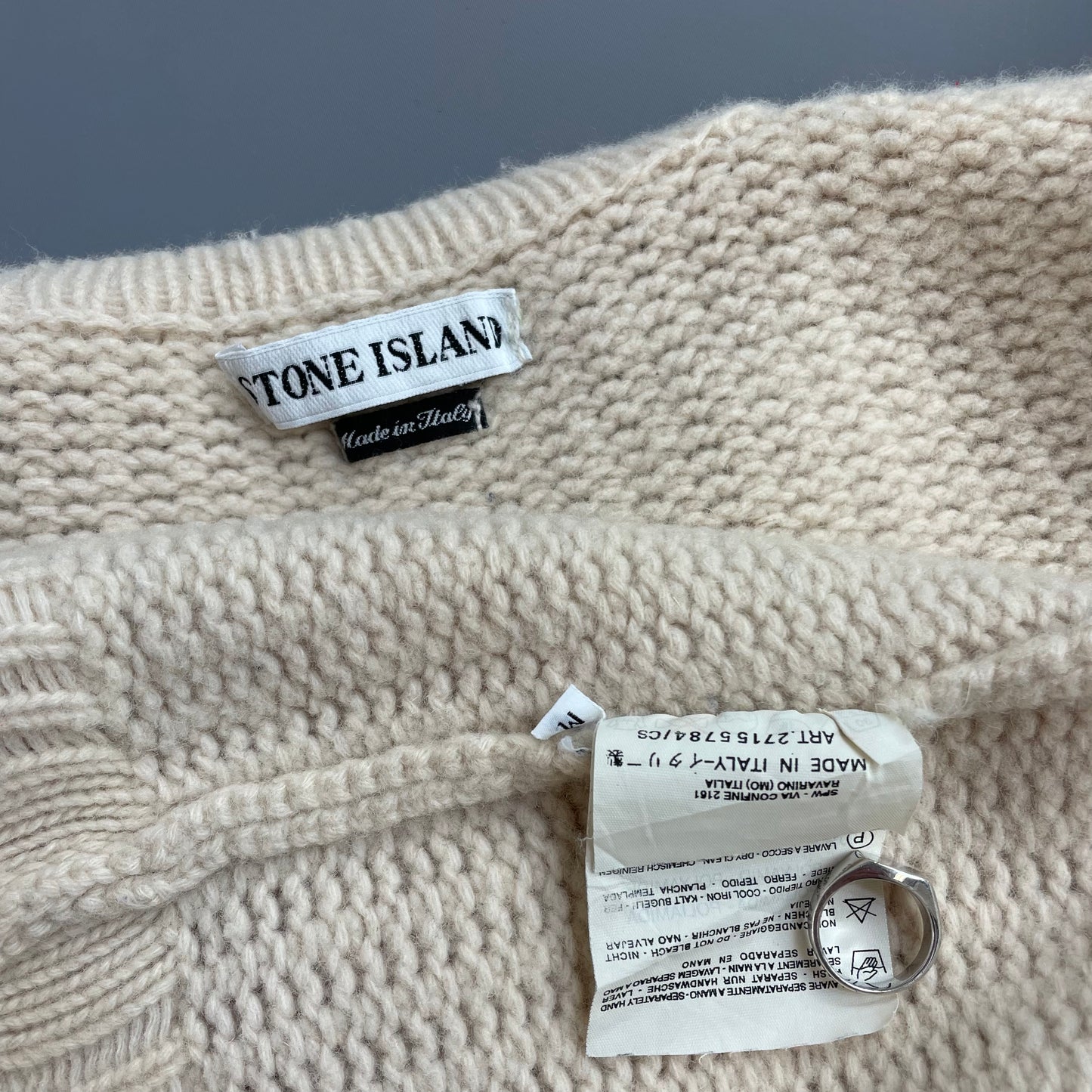 Stone Island Cream AW97 Chunky Wool Knit Green Edge Badge Crewneck Jumper